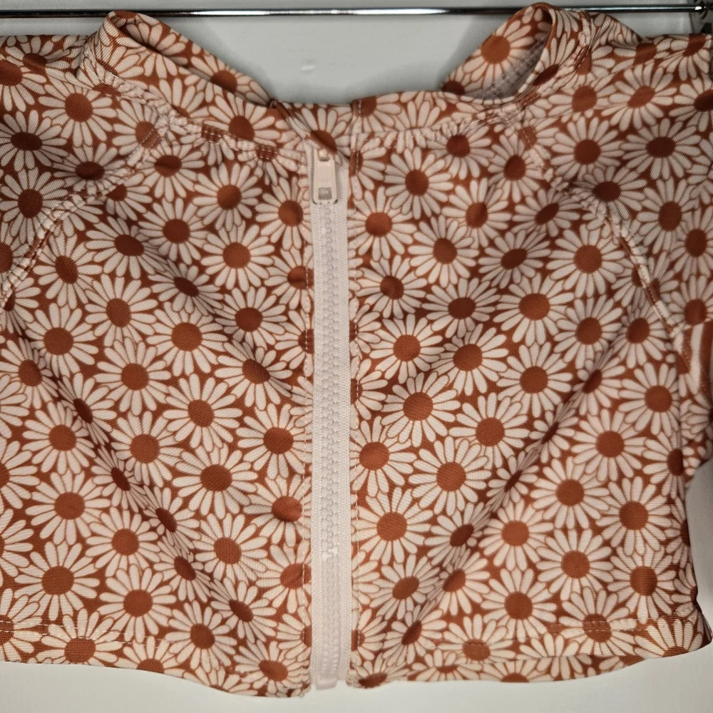 70's Style Daisy & Stripped Rashguard - Kids M (7-8) - Burnt Orange & Cream